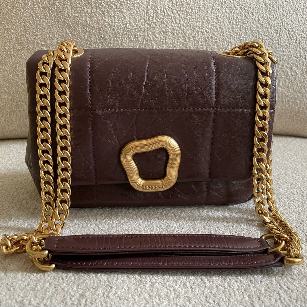 Songmont Small Chocolate bag - Elegant Brown Leather Bag with Gold Chain